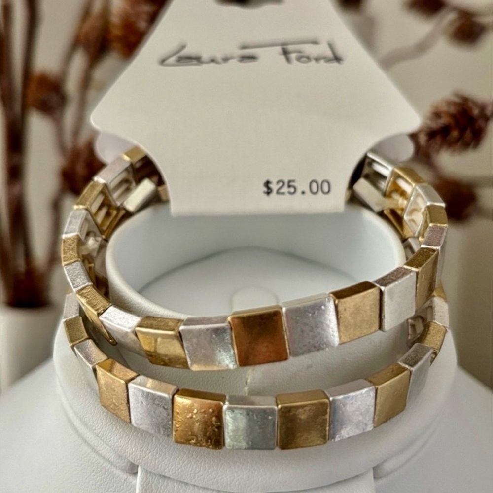 Laura Ford Double Gold & Silvertone Squares,stretch bracelet